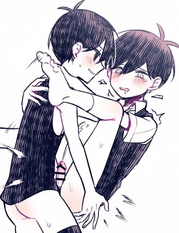 anal_sex ass black_eyes black_hair black_tank_top black_vest blush blushing butt cumming cumming_from_anal_sex drool drooling evil_smile gay gay_sex hand_on_back hard_cock omori omori_(character) questionable_consent socks sunny_(omori) tank_top vest white_eyes white_socks