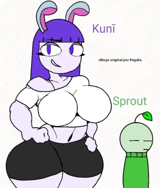 big_breasts black_shorts bunny_ears bunny_girl curvy_figure green_skin hands_on_hips oc one_shoulder_top original_character original_characters plant_boy plant_humanoid purple_eyes purple_hair shorts smiling_at_viewer traced_art white_shirt white_skin