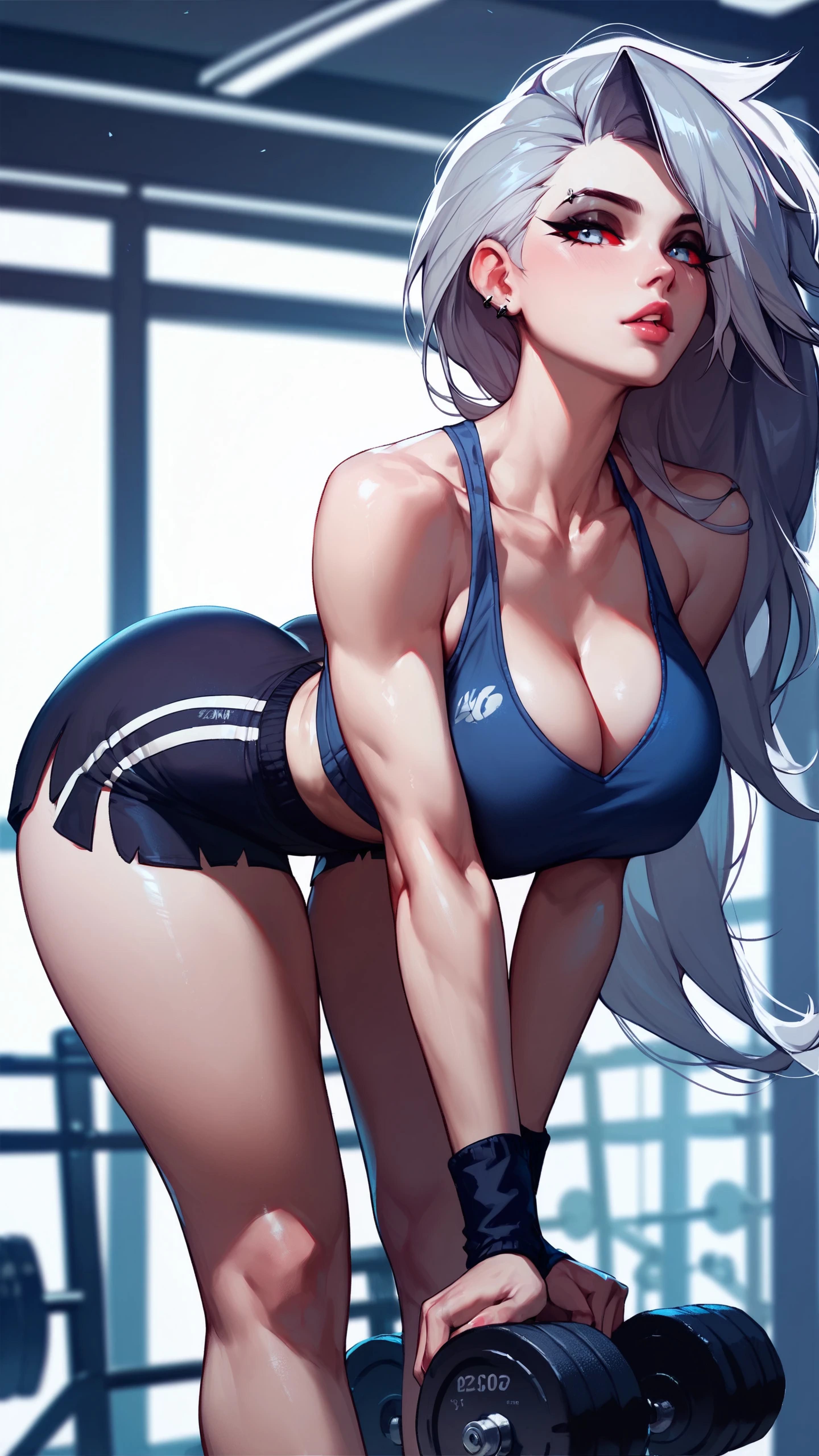 ai generated, ass, ass focus, ass up, bent over, big ass, big breasts, breasts, cleavage, female, gym, gym clothes, gym clothing, gym shorts, gym uniform, helluva boss, human loona, large breasts, long hair, loona (helluva boss), red eyes, round ass, round butt, seducing, seduction, seductive, seductive body, seductive eyes, seductive gaze, seductive look, seductive mouth, seductive pose, shiny, shiny ass, shiny breasts, shiny clothes, shiny hair, shiny skin, silver hair, sky4maleja, thick ass, thick thighs, thighs