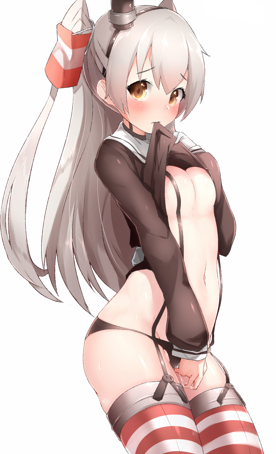 amatsukaze_(kantai_collection) black_hat black_panties boruhis breasts brown_eyes brown_shirt closed_mouth cowboy_shot female frown garter_straps hair hair_tubes hairband hat headgear highres horizontal-striped_legwear horizontal_stripes kantai_collection long_hair long_sleeves looking_at_viewer masturbation mini_hat panties pussy_juice shirt silver_hair simple_background small_breasts solo standing striped tareme tied_hair twintails underwear very_long_hair white_background white_panties