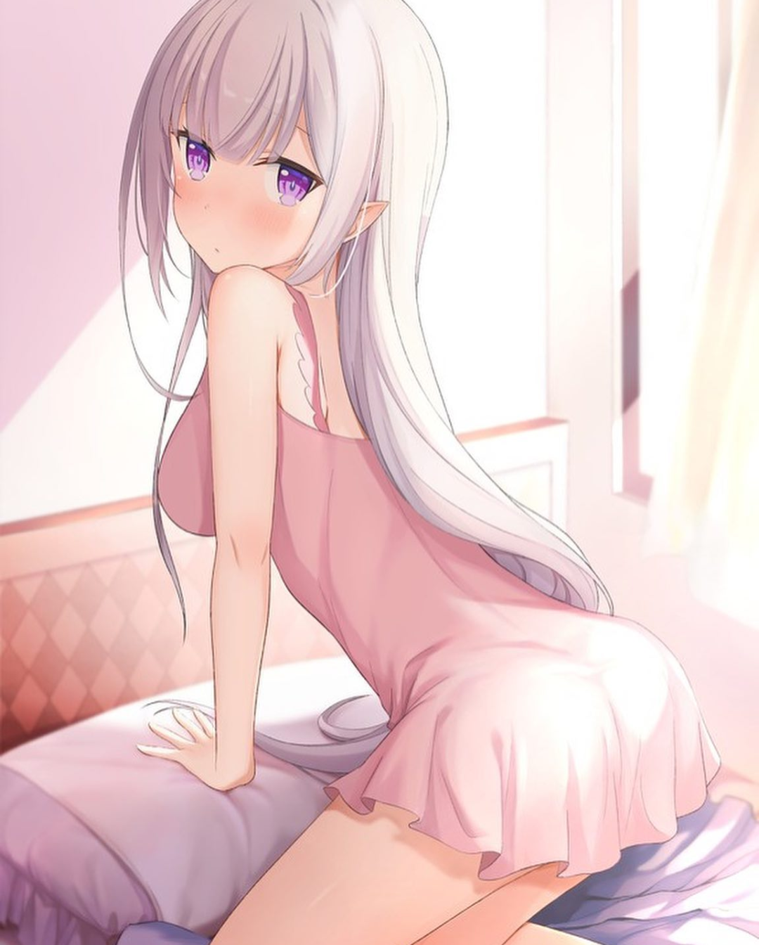 1girls, babydoll, bed, bedroom, emilia (re:zero), female, long hair, looking at viewer, looking back, nightgown, re:zero kara hajimeru isekai seikatsu, silver hair, solo, white hair