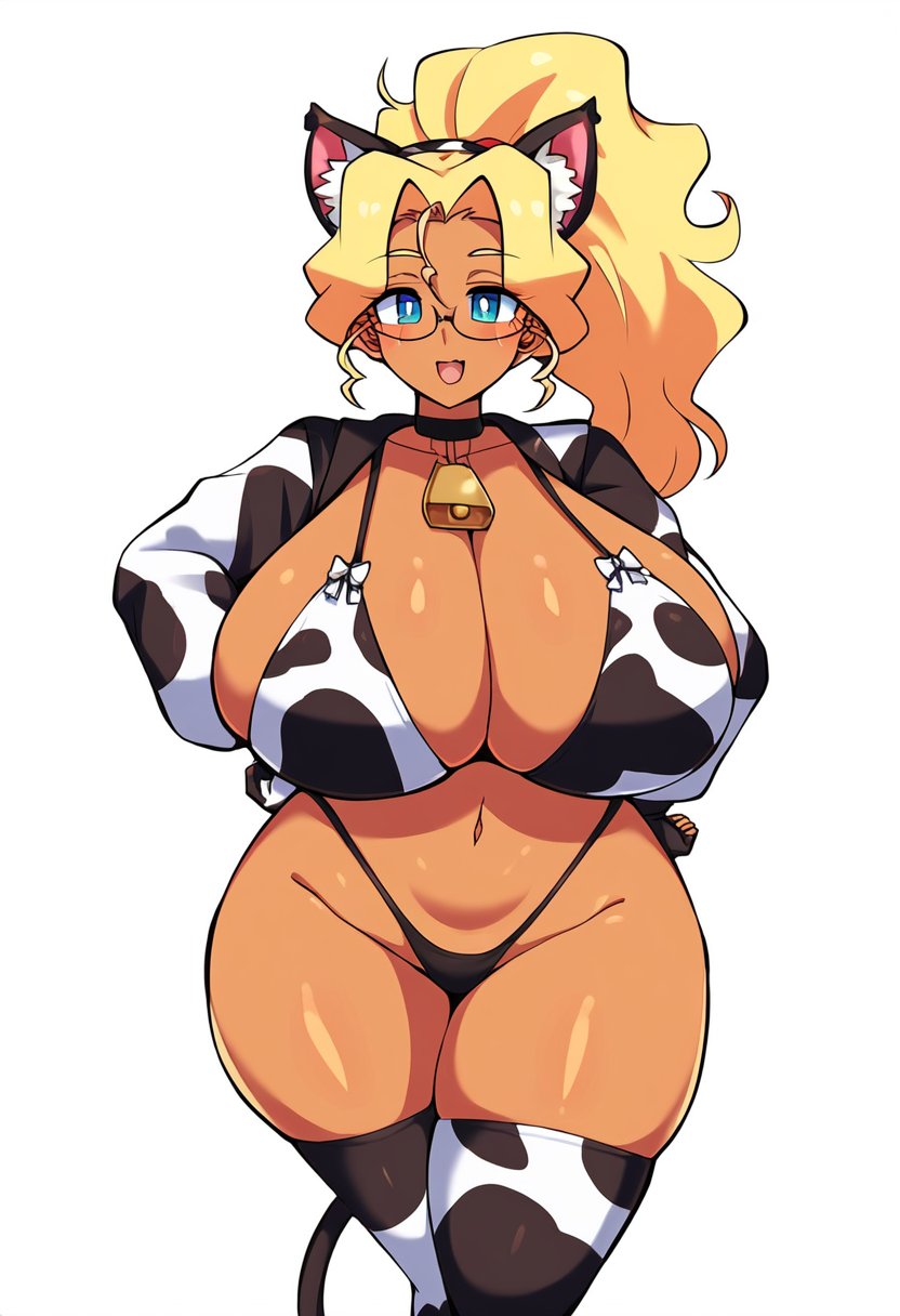 1girls ai_generated blonde_hair blue_eyes breasts cat_ears cat_tail cleavage cow_print cow_print_bikini cow_print_thighhighs dan16369336 facing_viewer fake_animal_ears fake_tail female female_only gigantic_breasts glasses hands_on_hips huge_breasts looking_at_viewer mihoshi_kuramitsu neck_bell plump simple_background sole_female solo standing tagme tan-skinned_female tan_skin tenchi_muyo! thick_thighs thighhighs twitter_link white_background wide_hips