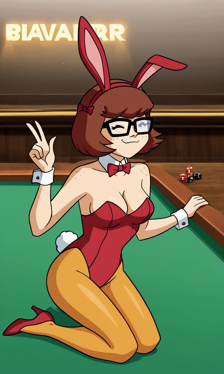 ai_generated ass bigmic145 breasts bunny_ears bunny_girl bunny_tail bunnysuit cartoon_network casino orange_pantyhose pantyhose playboy_bunny red_hair scooby-doo scooby-doo!_mystery_incorporated shoes velma_dinkley velma_dinkley_(mystery_incorporated)