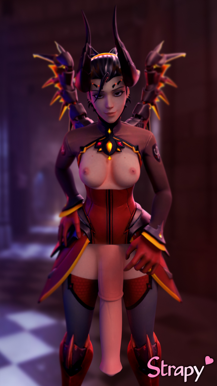 1futa, 3d, alternate costume, animal genitalia, animal genitalia on humanoid, areolae, blender, breasts, devil mercy, dickgirl, erection, futa only, futanari, horsecock, horsecock on humanoid, huge cock, intersex, looking at viewer, mercy, nipples, overwatch, penis, solo, solo futa, strapy