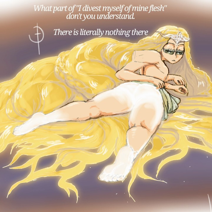 1boy, ass, blonde hair, elden ring, femboy, femboy only, fromsoftware, male, miquella, miquella's cross, nude, shadow of the erdtree, solo, zaroko