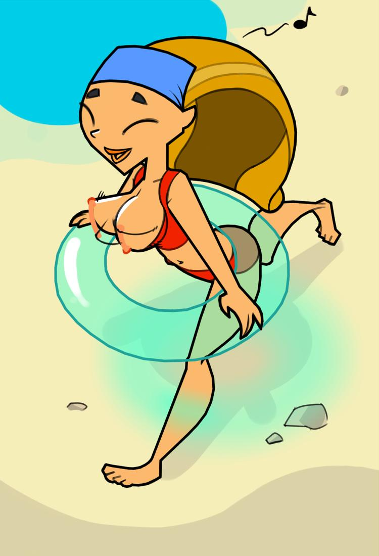 2019 bandana beach bikini bikini_top blonde_hair breasts cartoon_network closed_eyes coffeelot feet female female_focus female_only innertube lindsay_(tdi) long_hair moving_breasts musical_note nipples outdoors red_bikini sand singing swimsuit total_drama_island wardrobe_malfunction