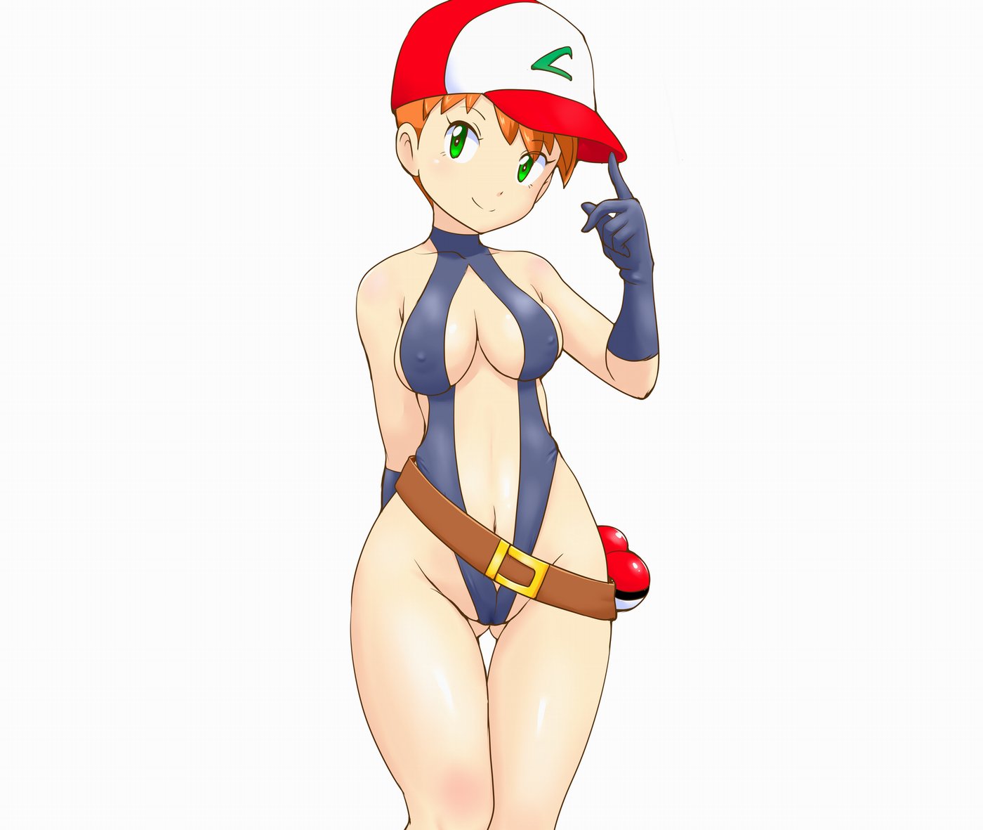 
 alternate_hair_color arm_behind_back asymmetrical_hair baseball_cap belt black_eyes black_gloves blush bodysuit breasts cameltoe cleavage closed_mouth cosplay cowboy_shot creatures_(company) curvy female female_focus game_freak gloves green_eyes grin hat highleg highleg_one-piece_swimsuit kasumi_(pokemon) large_breasts latex legs leotard looking_at_viewer medium_hair navel nintendo nipples one-piece_swimsuit orange_hair poke_ball poke_ball_(basic) pokemon pokemon_(anime) pokemon_(classic_anime) ponytail shiny_clothes shiny_skin short_hair side_ponytail simple_background slingshot_swimsuit smile solo standing stomach swimsuit the_electric_tale_of_pikachu thick_thighs thigh_gap thighs tof white_background wide_hips