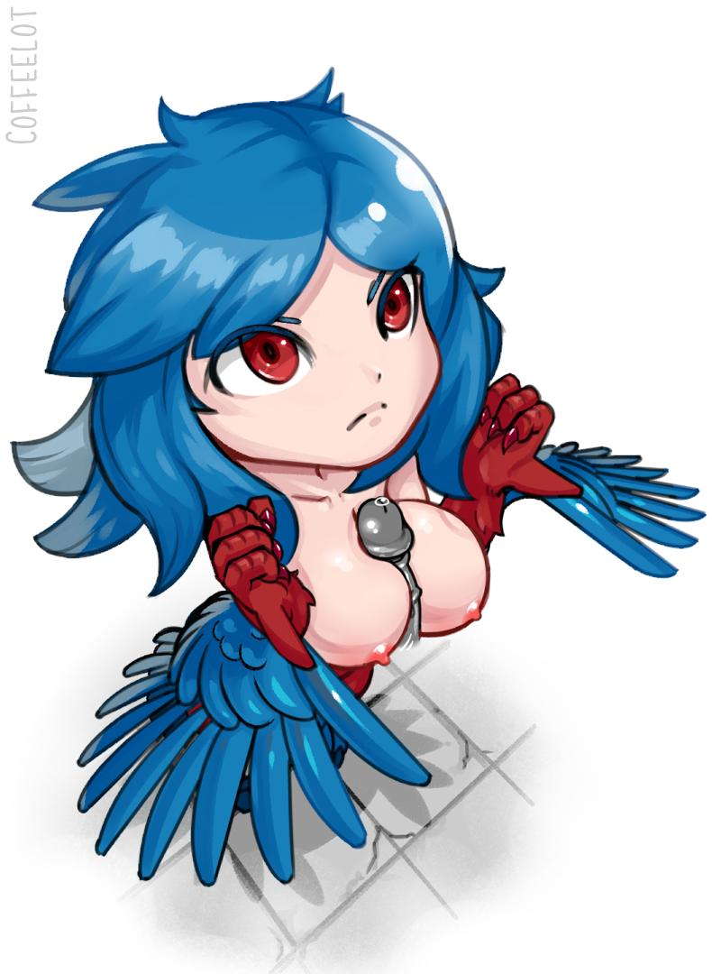 2019 bird bird_girl blue_feathers blue_hair breasts coffeelot female female_focus frown harpy_(terraria) large_breasts male nipples paizuri penis red_eyes talon_hands talons terraria white_background