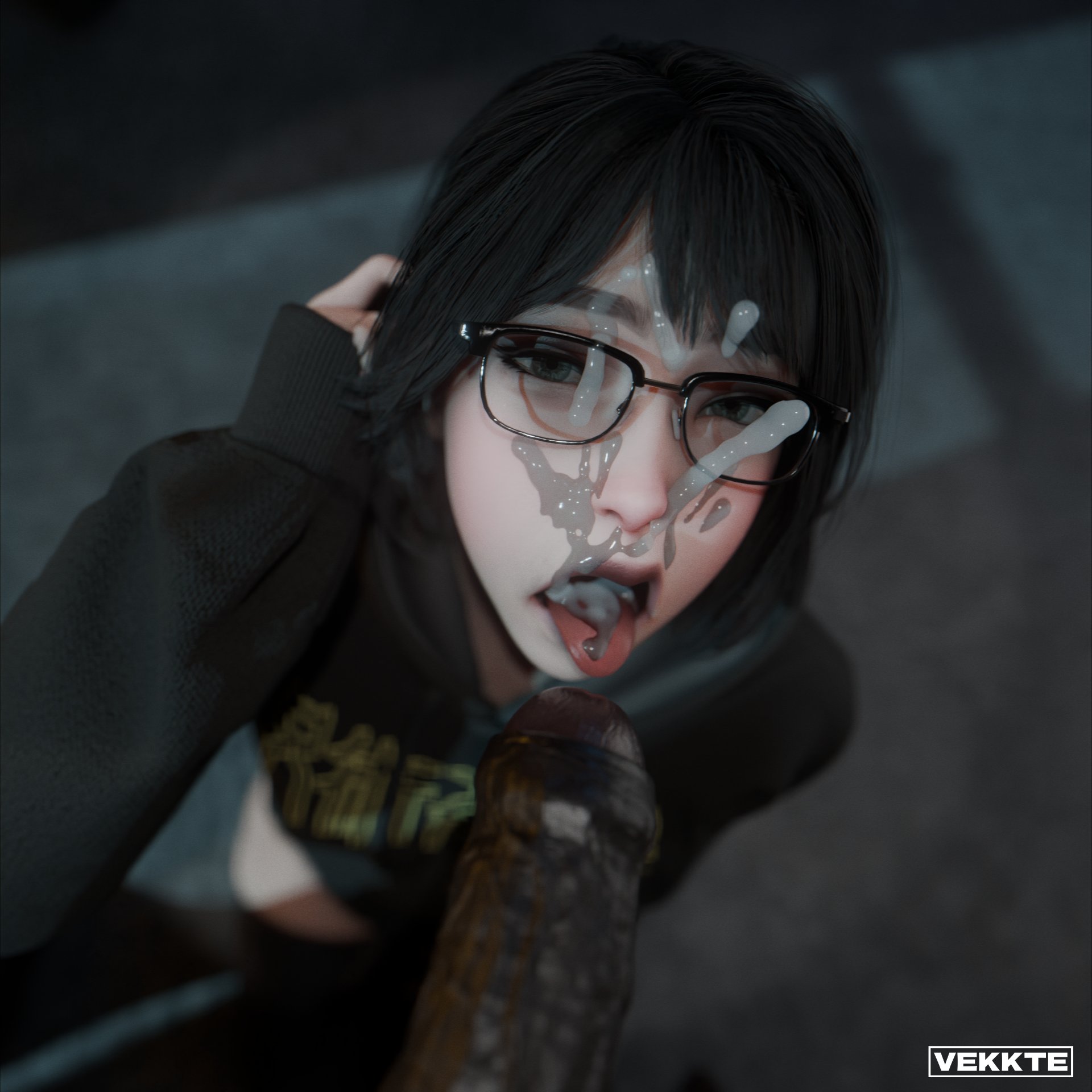 1boy, 1boy1girl, 1girls, 3d, bangs, black eyes, cum in mouth, cum on glasses, dark-skinned male, eunji (mslewd), facial, glasses, grey eyes, huge cock, interracial, kneeling, mslewd, pale-skinned female, pov, pov eye contact, pov male, sweater, thick penis, thighhighs, tongue, tongue out, uncircumcised, vekkte, watermark