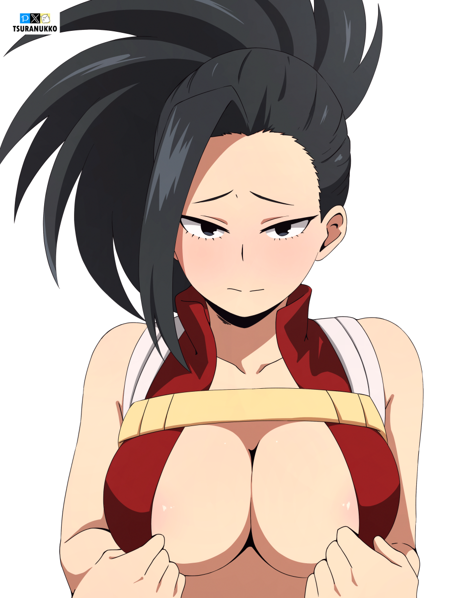 big_breasts black_eyes black_hair breasts female female_focus female_only hero_outfit_(mha) leotard long_hair looking_at_viewer momo_yaoyorozu my_hero_academia navel paizuri_invitation ponytail solo solo_female solo_focus tsuranukko watermark white_background