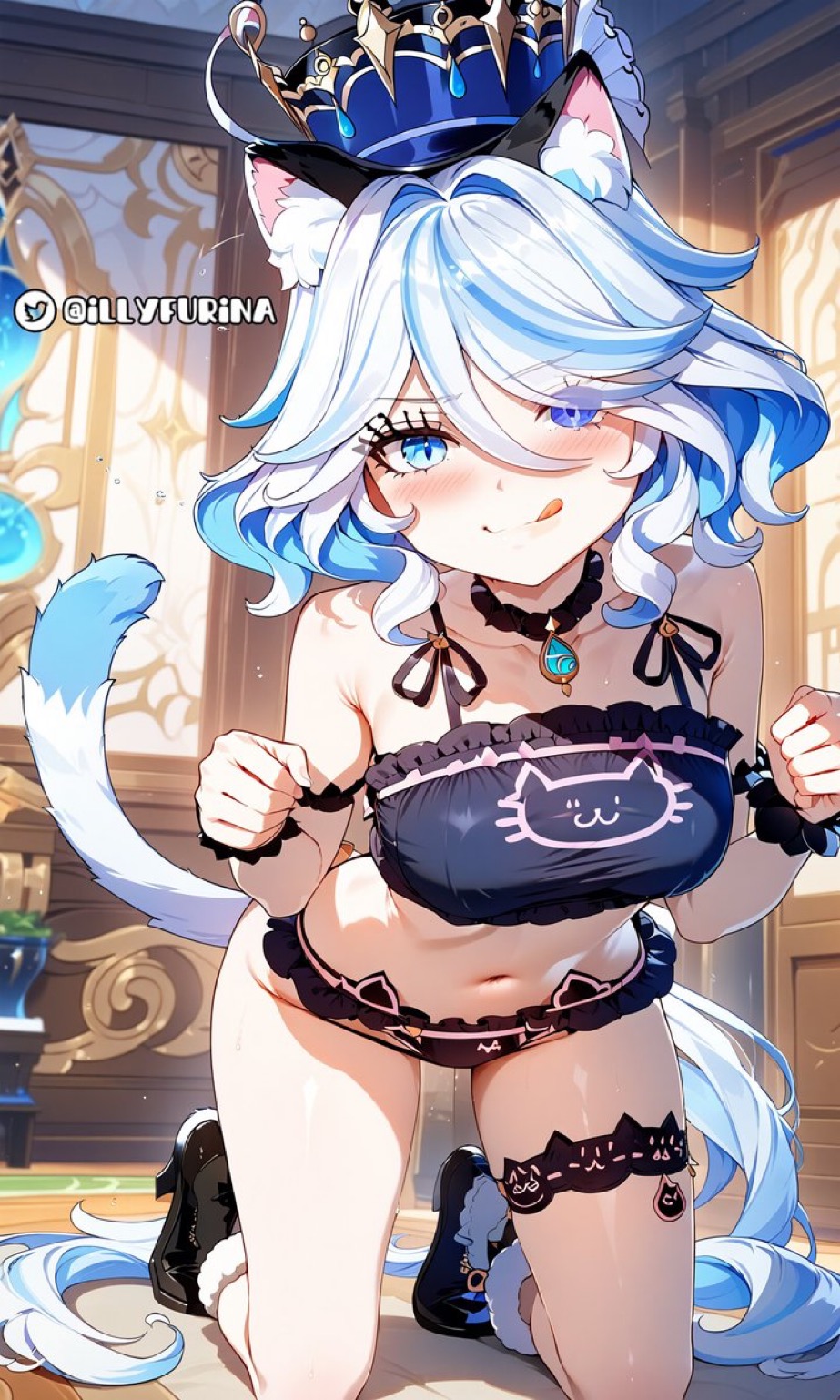 ai generated, blue eyes, blue hair, breasts, cat ears, cat girl, cat lingerie, cat tail, catgirl, catsuit, female, female focus, female only, flushed, furina (genshin impact), genshin impact, huge breasts, illyfurina, paws, seductive, skinny, skinny female, squatting, tail, thick thighs, tongue, tongue out