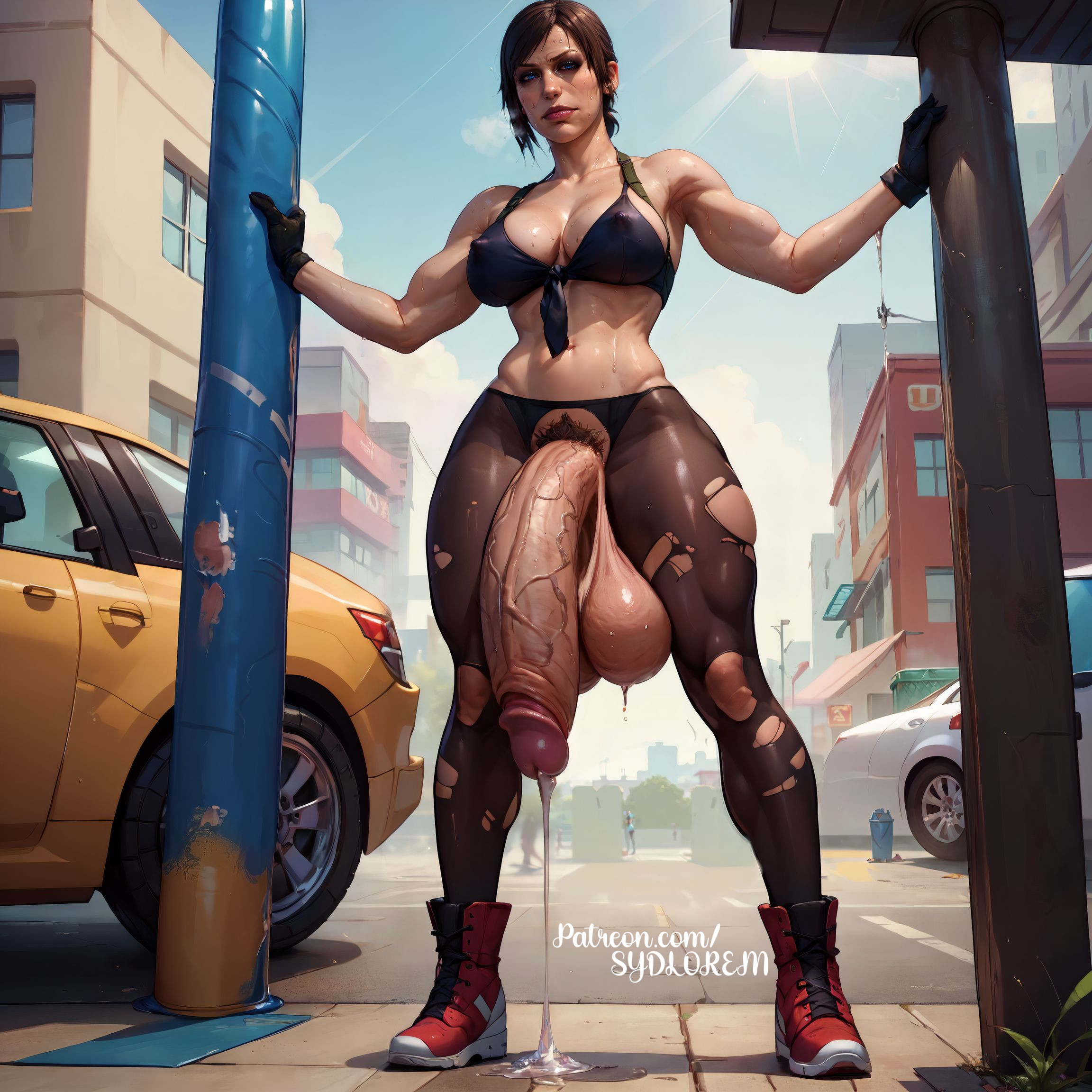 1futa, abs, ai generated, balls, big balls, big breasts, big penis, breasts, futa focus, futa only, futanari, half-erect, huge balls, huge cock, intersex, metal gear solid v, muscular, muscular futa, penis, presenting penis, public, public nudity, quiet (metal gear), saggy balls, sydlorem, veiny penis