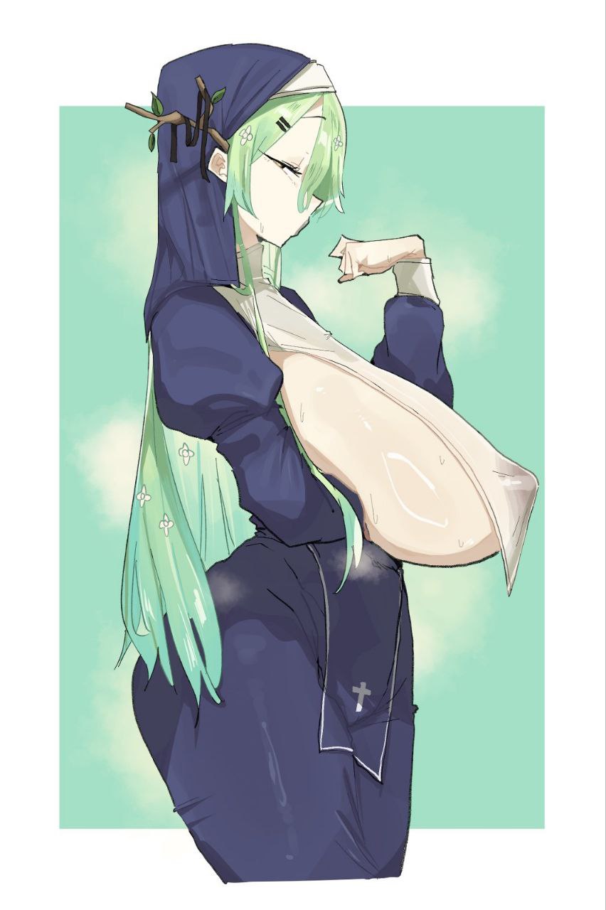 big_breasts ceres_fauna glossy glossy_body green_hair hololive hololive_english horns huge_breasts musk musk_clouds nipples_visible_through_clothing nun nun's_habit simple_background sweat sweatdrop sweating tagme tagme_(artist) tight_clothing virtual_youtuber white_skin