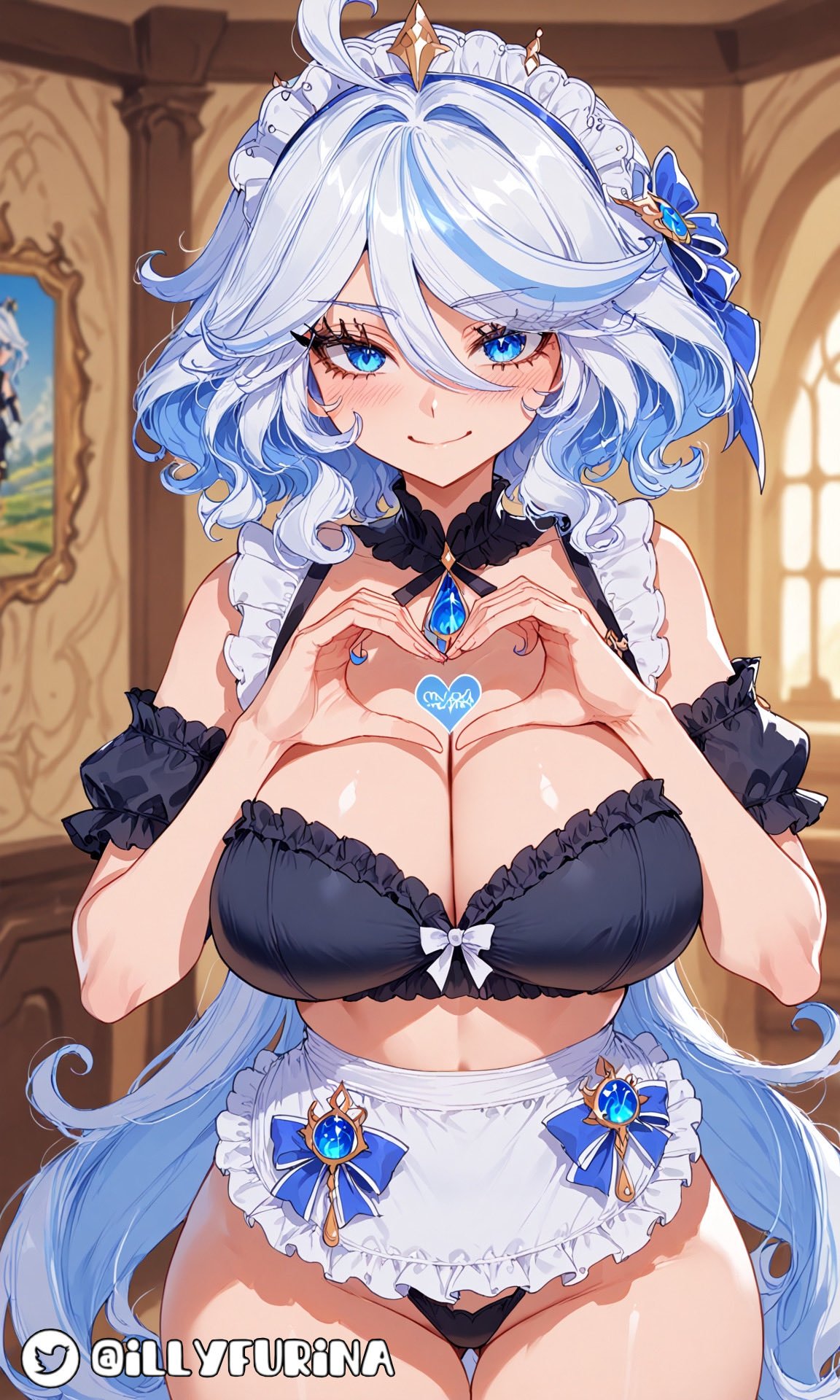 ai_generated bangs bangs_over_one_eye big_breasts big_breasts black_panties blue_eyes blue_hair breasts breasts curvy_figure female female female_only furina_(genshin_impact) genshin_impact heart heart_symbol huge_boobs huge_breasts illyfurina long_hair looking_at_viewer maid maid_dress maid_headdress maid_outfit pale-skinned_female pale_skin seductive seductive_body seductive_eyes seductive_look seductive_mouth seductive_pose seductive_smile smile smiling smiling_at_viewer squeezing_breasts stable_diffusion thighs waist white_hair woman_only