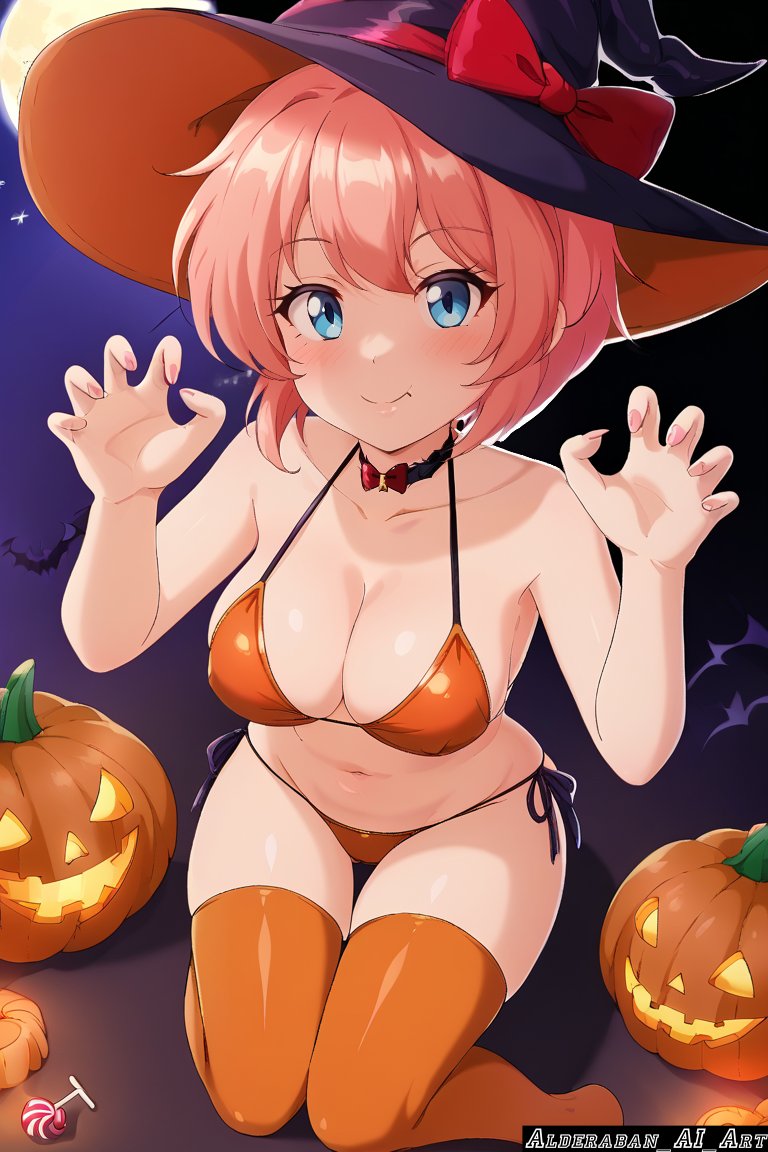 ai generated, alderaban ai art, doki doki literature club, female, halloween, halloween costume, panties, sayori (doki doki literature club), solo, solo female, thighhighs, witch, witch costume, witch hat