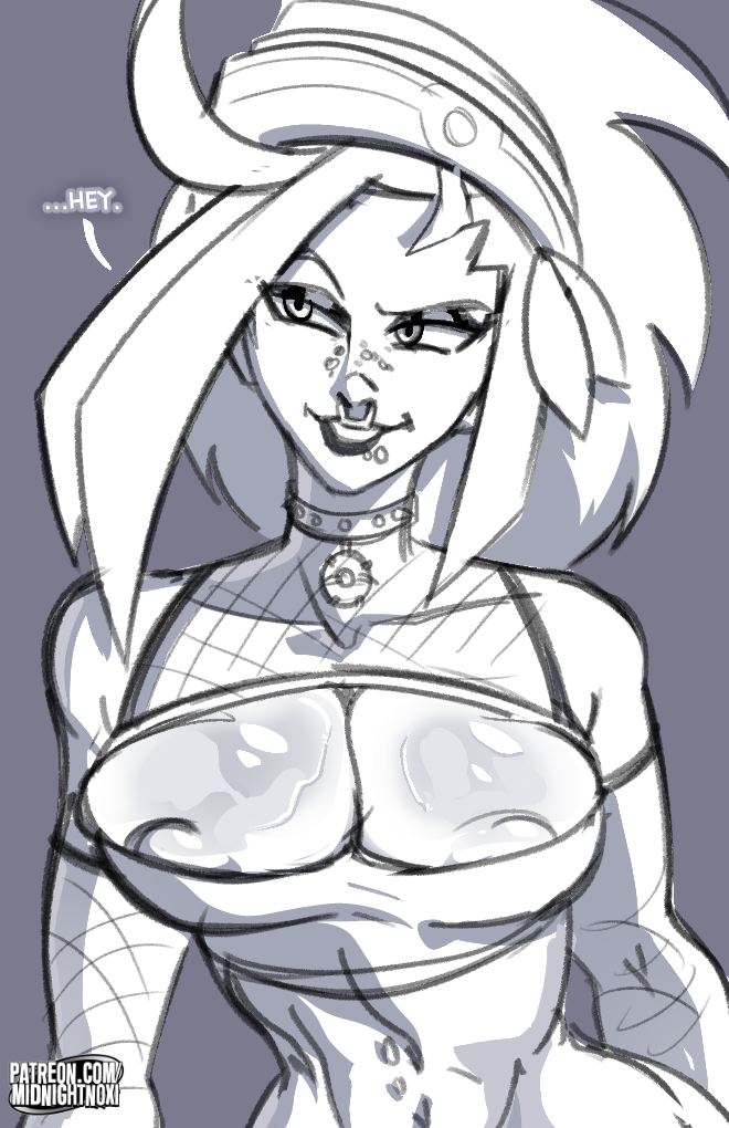 aged_up bedroom_eyes chest_window choker dialogue fishnet_clothing goth horny midnightnoxi monochrome nemona_(pokemon) nipple_slip nose_ring pokemon_sv redesign sketch suggestive