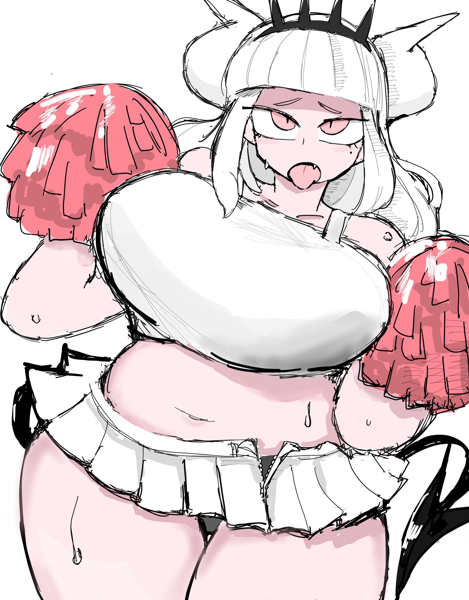 1girls, big breasts, bouncing breasts, breasts, cheerleader, cheerleader outfit, christianity, female, female only, helltaker, huge breasts, junjulyyyyyyyy, lucifer (helltaker), monster girl, pom poms, public domain, religion, sweat, sweatdrop, thick thighs, tongue, tongue out