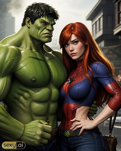 1boy1girl ai_generated ass big_ass big_breasts big_butt breasts hulk hulk_(series) human light-skinned_female light-skinned_male light_skin marvel marvel_comics mary_jane_watson muscular muscular_male nude nude_female red_hair straight straight_hair superhero tight_clothes tight_clothing wide_hips