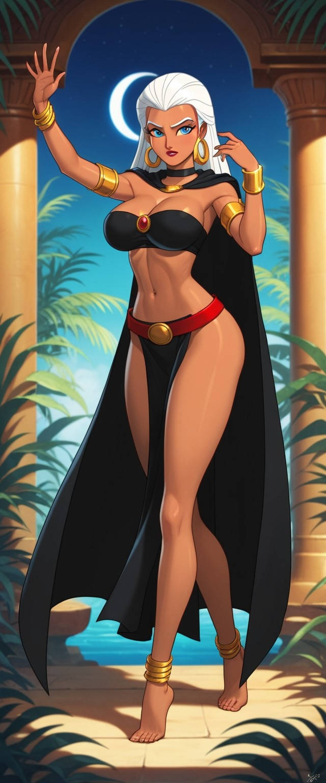 african_female ai_generated anklet armlet bare_legs bare_shoulders barefoot black_outfit black_topwear blue_eyes bracelet cape dark-skinned_female dark_skin earrings exposed_belly feet golden_anklets loincloth midriff pelvic_curtain queen queen_la tarzan_(1999_film) the_legend_of_tarzan white_hair