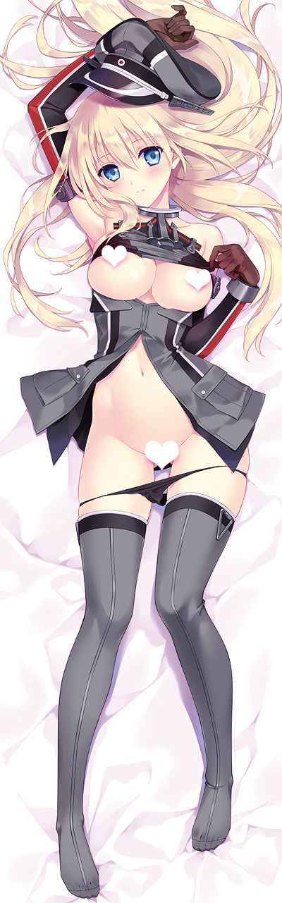 bed_sheet bismarck_(kantai_collection) black_panties blonde_hair blue_eyes breasts carnelian censored dakimakura detached_sleeves female grey_legwear hat heart heart_censor highres kantai_collection large_breasts long_hair novelty_censor open_clothes open_shirt panties panty_pull peaked_cap sample shirt shirt_pull tagme thighhighs underwear