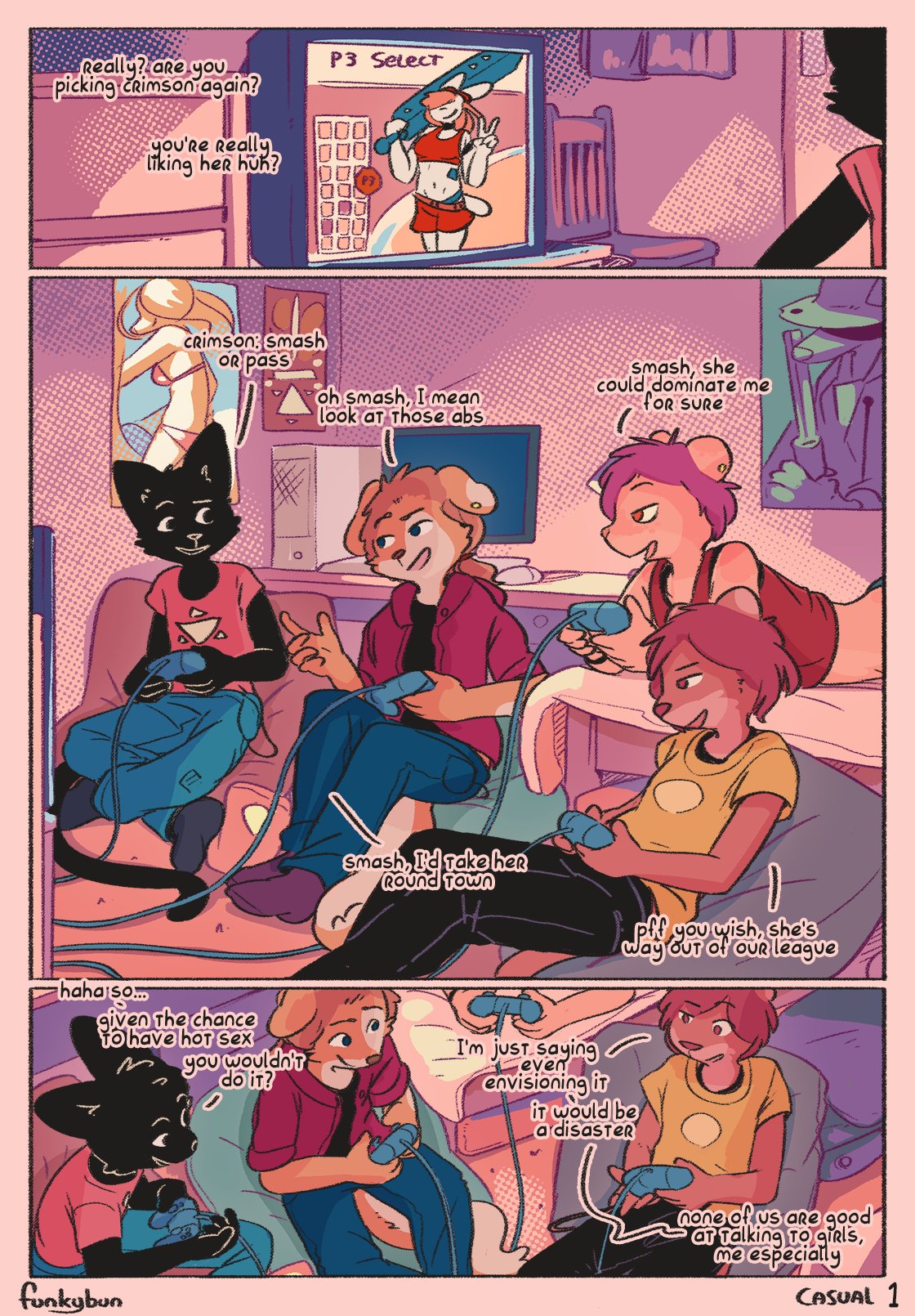 1girls 3boys bed casual clothed comic comic_page english_text female funkybun gaming page_1 page_number tagme text