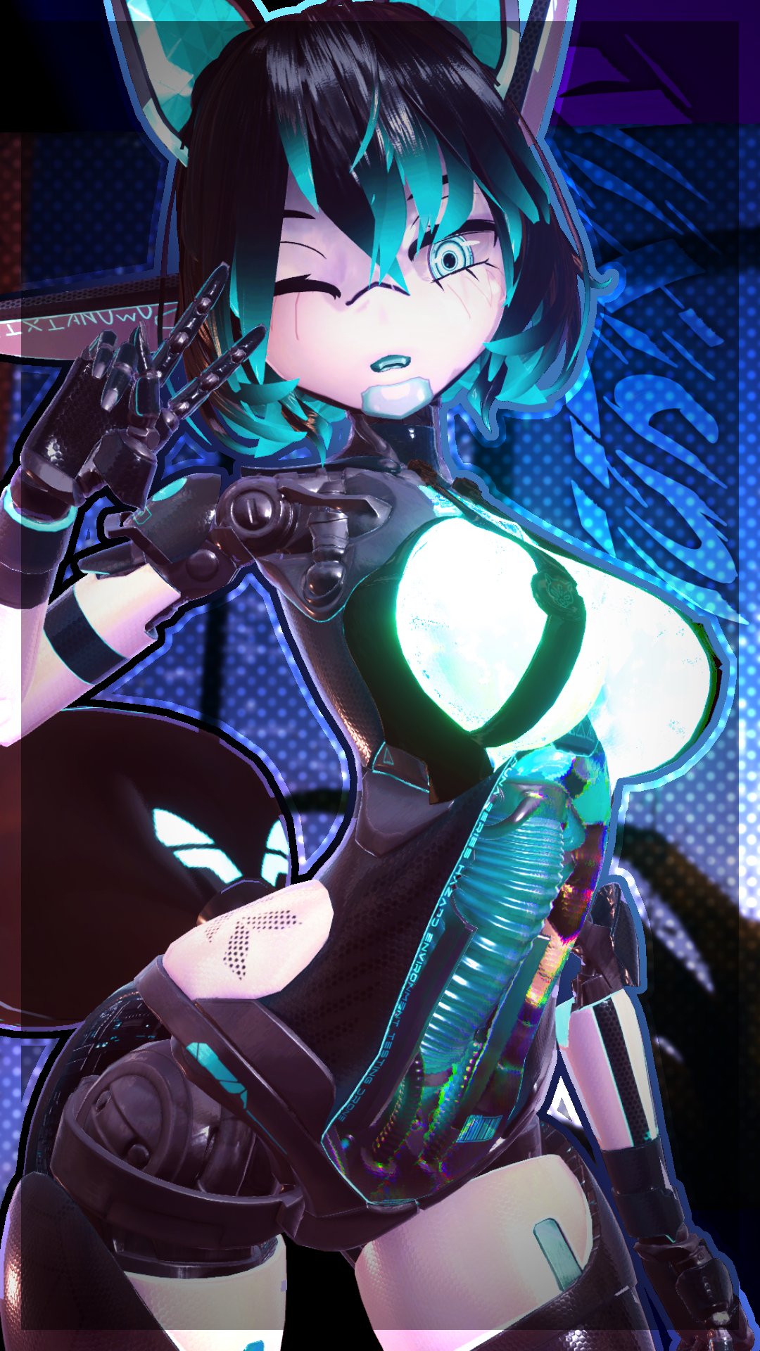 artificial_vagina blue_eyes embedded_penetrable_sex_toy glowing_breasts imbedded_sex_toy looking_at_viewer peace_sign robot robot_girl robot_humanoid runa_(vrchat) see-through_body sex_toy smile smiling smiling_at_viewer tagme vixianuwu vrchat vrchat_avatar vrchat_model wink