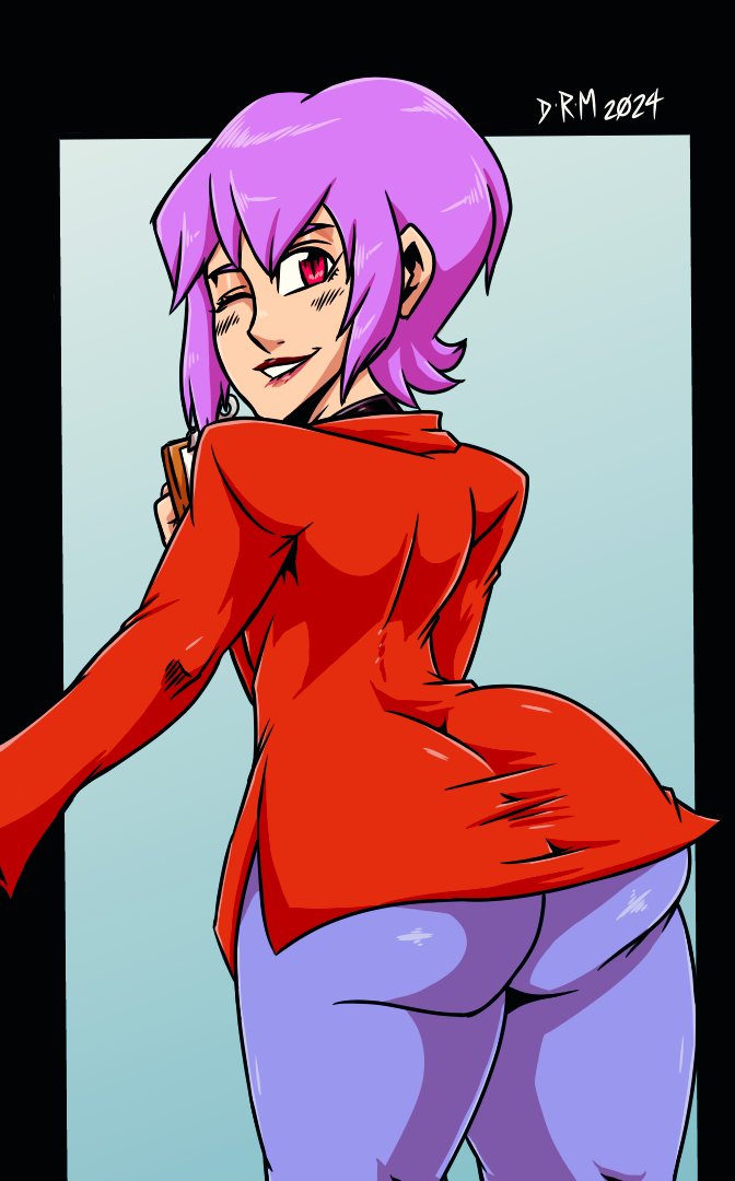 1girls ass big_ass capcom clipboard darkstalkers demon_girl doctordrmnsfw lilith_aensland looking_back purple_hair purple_pants red_eyes red_jacket succubus suit thick_ass thick_thighs thighs tight_clothing wink