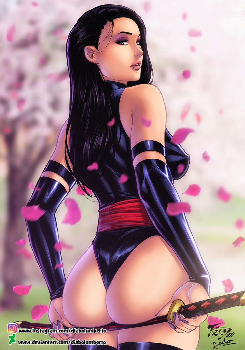 1girls ass avengers betsy_braddock big_ass black_hair black_leotard cherry_blossoms diabolumberto female female_only leotard long_hair looking_at_viewer marvel marvel_comics medium_breasts nipple_bulge psylocke tight_leotard x-men