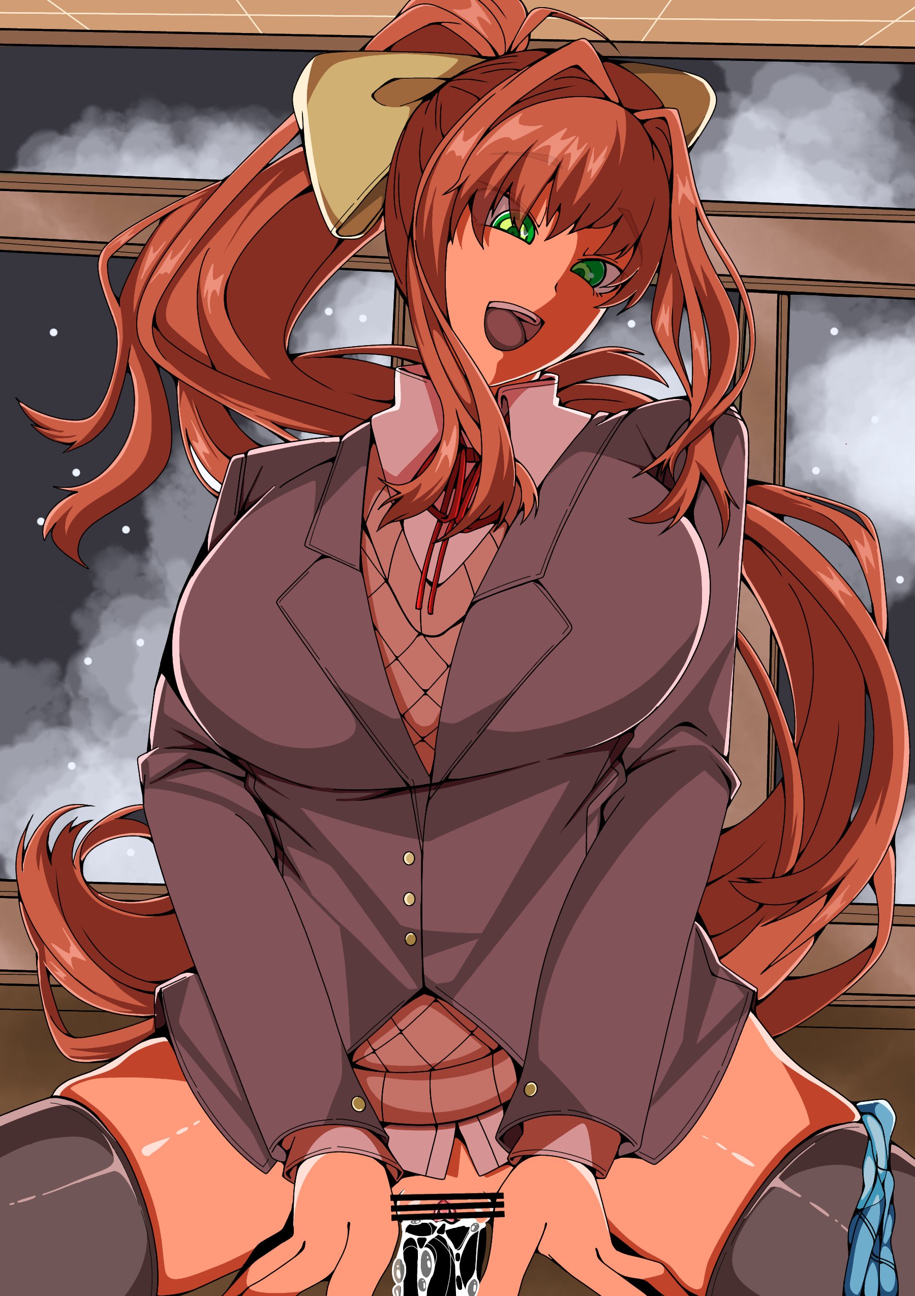 1girls, big breasts, breasts, dirtypaprika, doki doki literature club, female, green eyes, long hair, monika (doki doki literature club), mouth open, open mouth