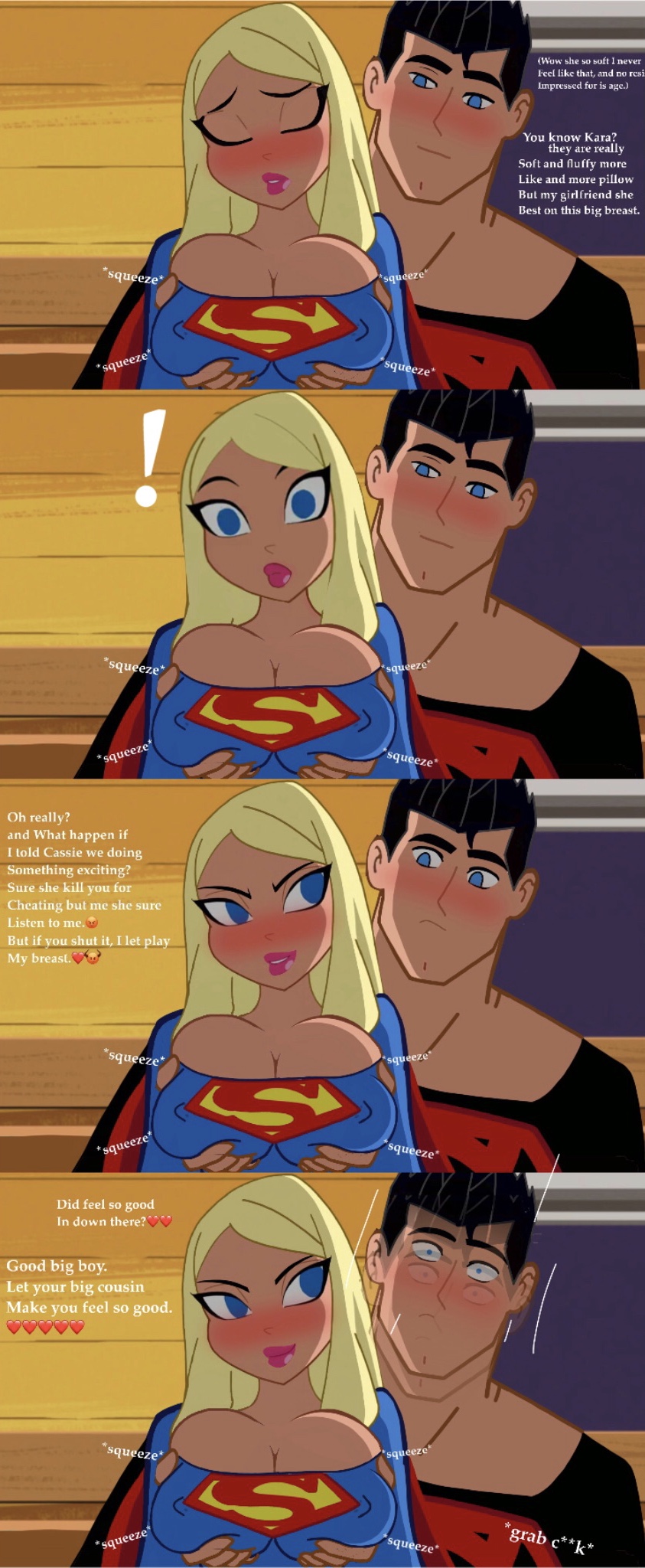 1boy background big_breasts black_hair blonde_hair conner_kent cousin_and_cousin cousins dc dc_comics dialogue djpaint96-ii enjoying female horny_female justice_league_action kara_danvers kara_zor-el kon-el squeezing_breast superboy supergirl titans_on_action