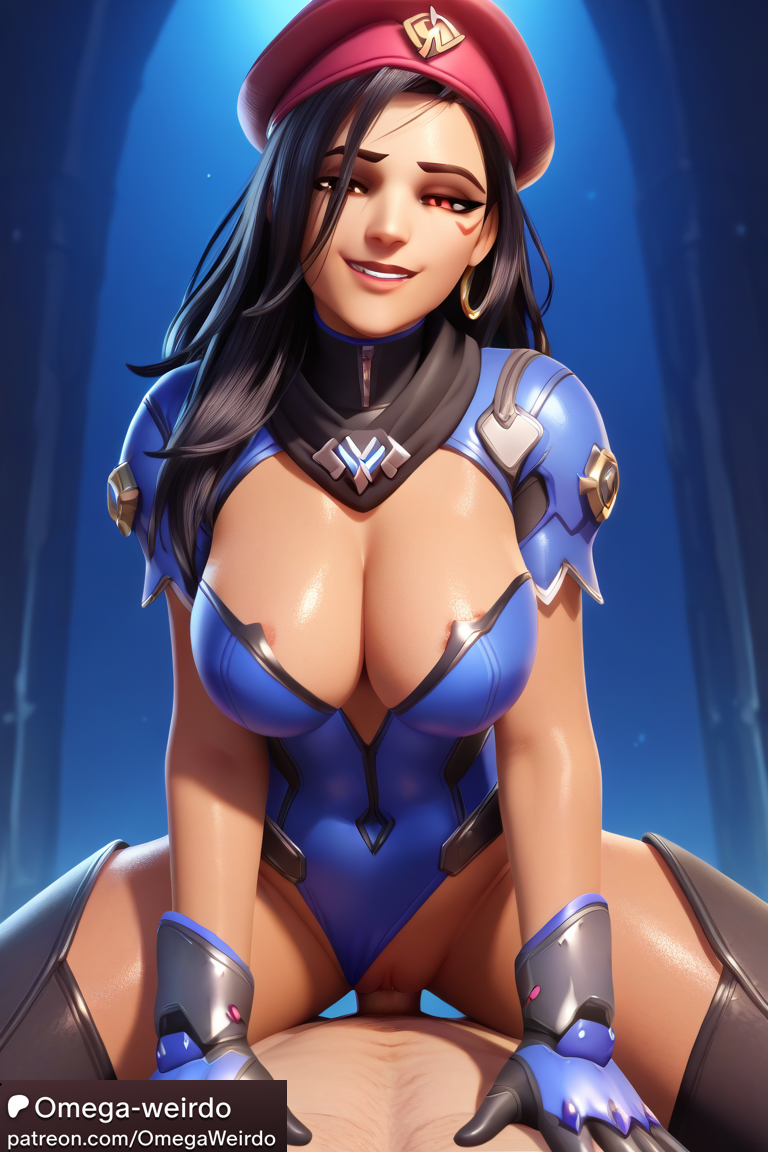 ai_generated ana_amari black_hair bodysuit corruption egyptian evil evil_smile omega-weirdo overwatch patreon red_eyes red_hat talon_(overwatch)