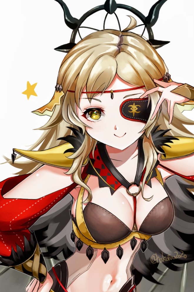 1girls ahoge alternate_costume blonde_hair bodystocking breasts circlet eyepatch feather_collar feather_trim female female_only fire_emblem fire_emblem_fates fire_emblem_heroes hakutou2020 large_breasts long_hair looking_at_viewer navel nintendo o-ring official_alternate_costume ophelia_(fire_emblem) ophelia_(starlit_maiden)_(fire_emblem) shoulder_pads smile solo swept_bangs