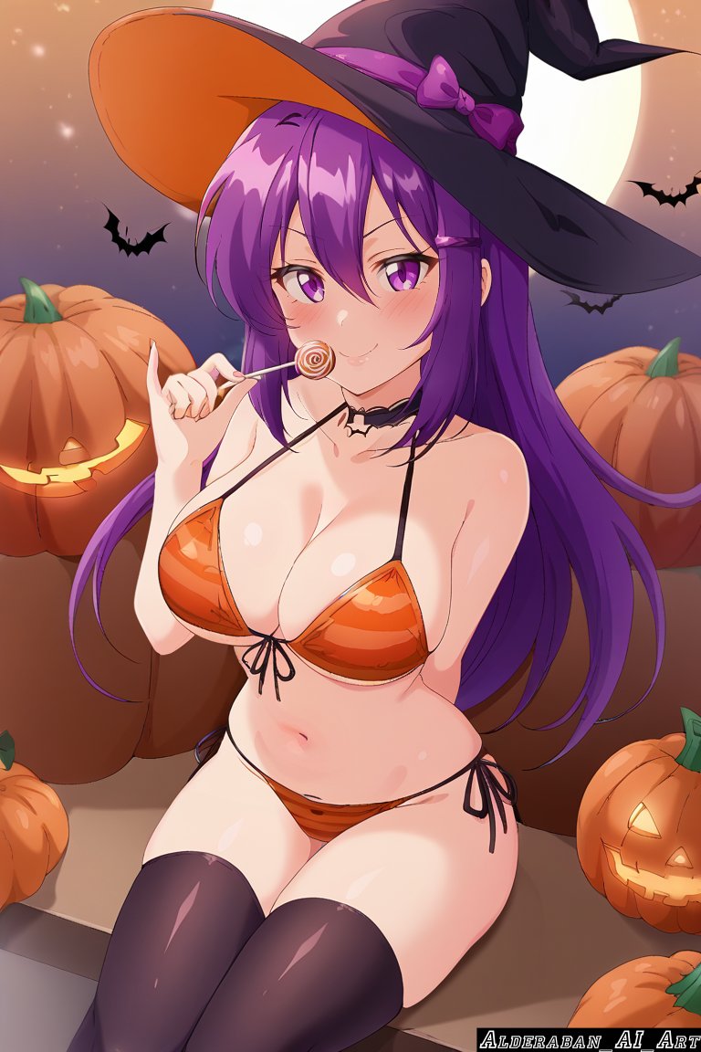 ai_generated alderaban_ai_art doki_doki_literature_club halloween halloween_costume panties thighhighs witch witch_costume witch_hat yuri_(doki_doki_literature_club)