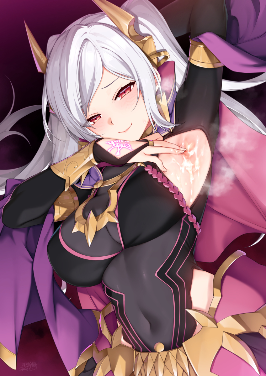 1girls alternate_costume arm_up armlet armpit_fetish armpits blush bodystocking bracer breasts bridal_gauntlets cape covered_navel cum cum_on_body eyes_of_grima female female_only fire_emblem fire_emblem_awakening fire_emblem_heroes glowing_tattoo grima_(fire_emblem) hand_tattoo highres jewelry large_breasts long_hair musk necklace nintendo official_alternate_costume purple_cape red_eyes robin_(female)_(fell_tactician)_(fire_emblem) robin_(female)_(fire_emblem) robin_(fire_emblem) robin_(fire_emblem)_(female) smile solo steamy_armpits swept_bangs tattoo tsuki_tokage twintails white_hair