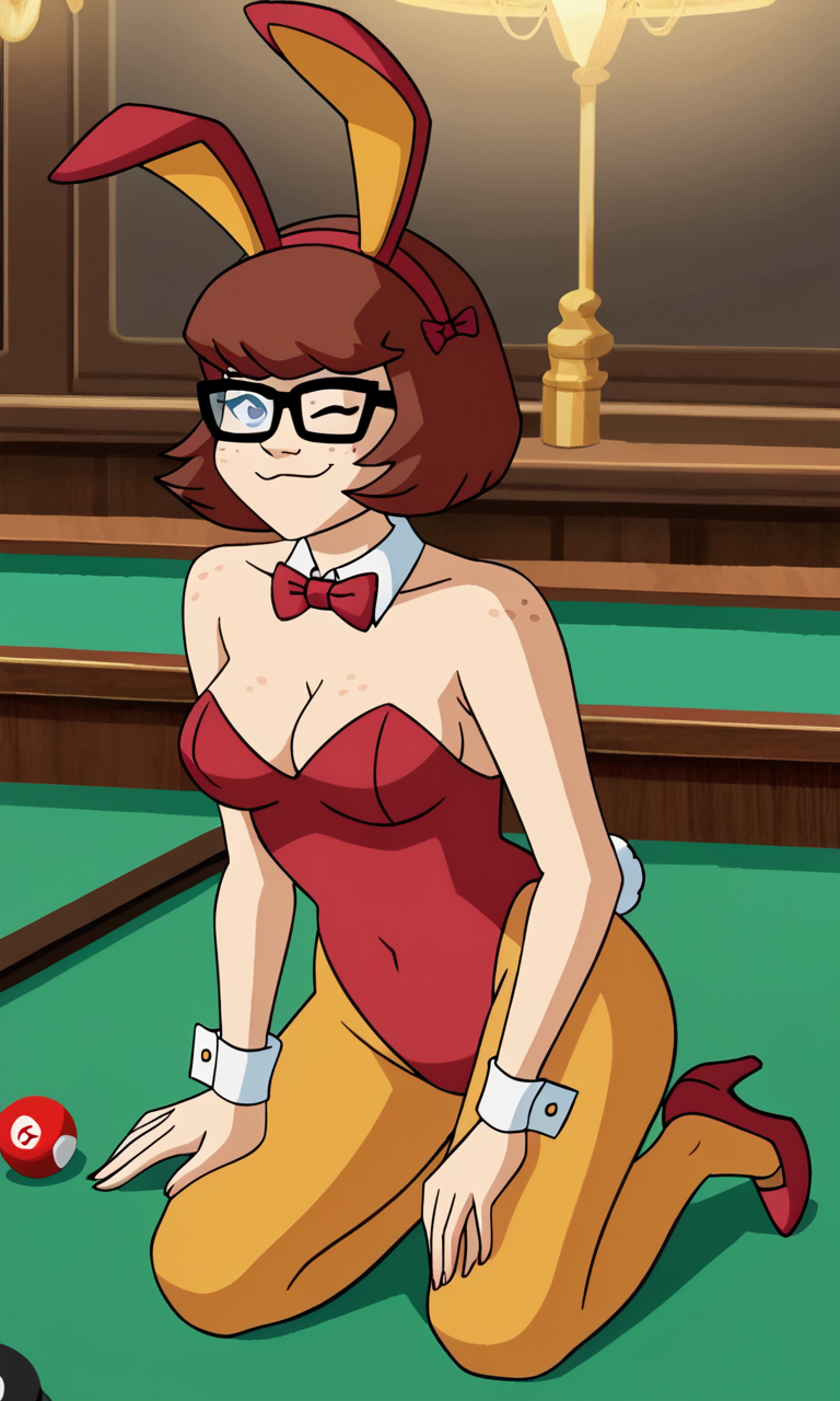 ai_generated ass bigmic145 breasts bunny_ears bunny_girl bunny_tail bunnysuit cartoon_network casino orange_pantyhose pantyhose playboy_bunny red_hair scooby-doo scooby-doo!_mystery_incorporated shoes velma_dinkley velma_dinkley_(mystery_incorporated)