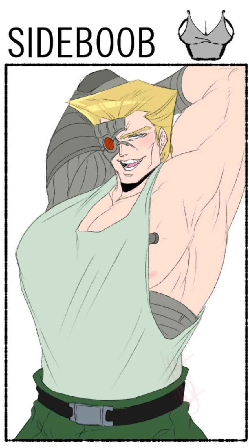 1male 1man bara bara_tiddies bara_tiddy bara_tits bara_titties belt blonde_hair english_text green_clothes green_pants jjba jojo's_bizarre_adventure jojo_no_kimyou_na_bouken male_only max_the_egg max_the_egg_(artist) muscular muscular_male no_ai pale rudolph_von_stroheim shirt_cut_meme solo solo_focus solo_male uniform uniform_pants