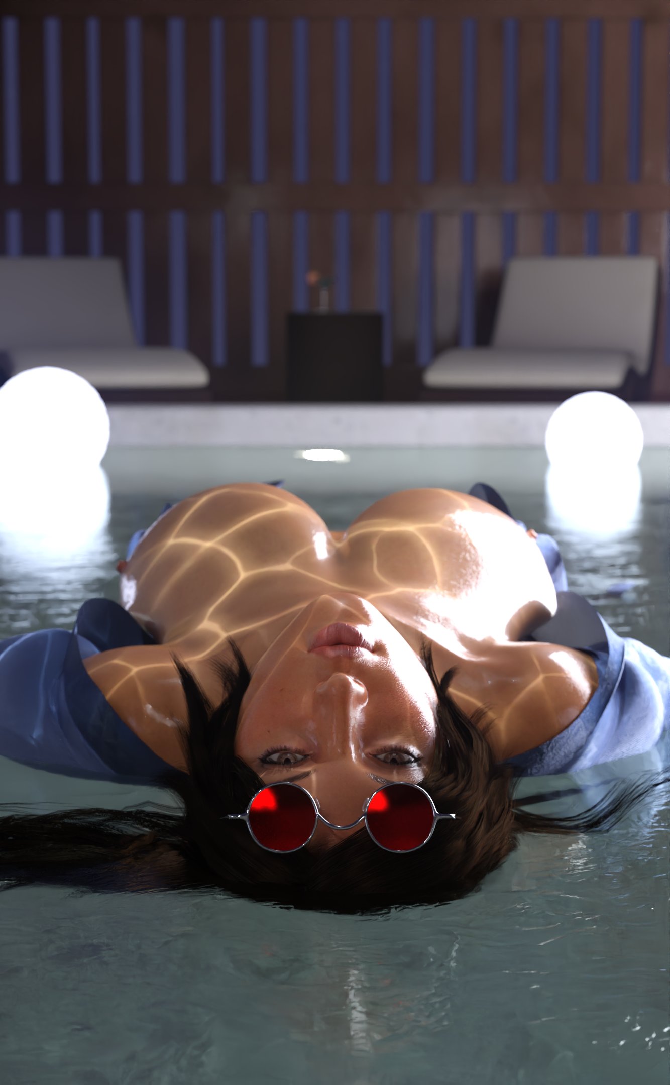 3d, areolae, big breasts, breasts, brown eyes, brown hair, busty, eyewear on head, female, female focus, female only, heartist3d, lara croft, lara croft (survivor), large breasts, long hair, nipples, nude, nude female, nudity, pinup, pinup pose, ponytail, pool, poolside, sunglasses, tagme, tomb raider, tomb raider (survivor)