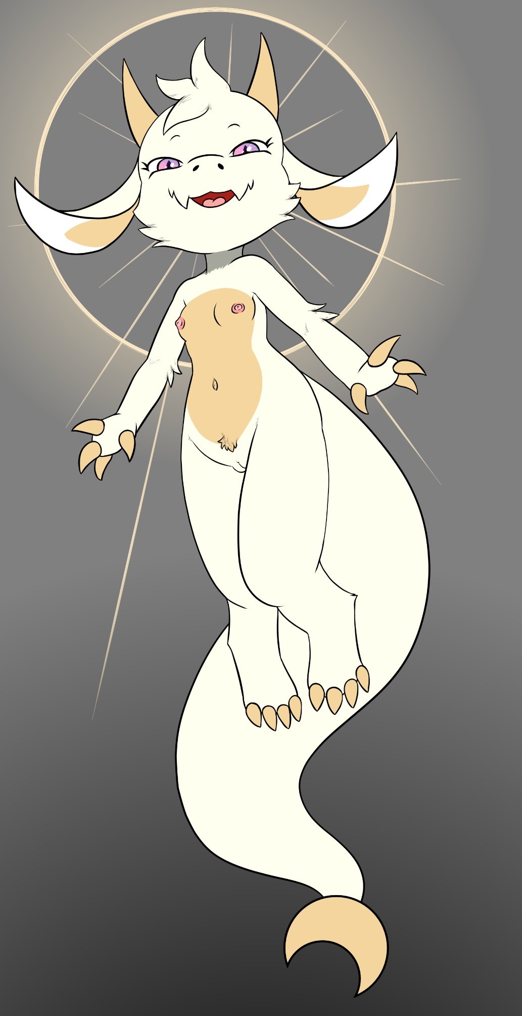 2023 ambiguous_gender ambiguous_species anthro breasts cheek_tuft chikn_nuggit claw_fingers claws digitigrade dragon facial_tuft floating fur fwench_fwy_(chikn_nuggit) genitals gradient_background grey_background halo hi_res horn looking_at_viewer looking_down looking_down_at_viewer mythological_creature mythological_scalie mythology navel nude purple_eyes pussy scalie simple_background small_breasts solo tail tan_body thick_tail tongue tuft white_body white_fur whitebats