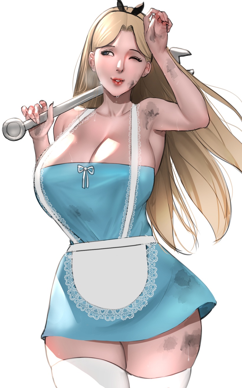 1girls alice_in_wonderland alice_liddell apron big_breasts blonde_hair blue_dress breasts female only_female original scarlett_ann smile wrench