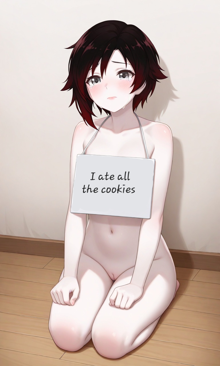 black_hair crying crying_with_eyes_open flat_stomach innie_pussy lonelylady multicolored_hair on_floor on_knees pale-skinned_female pale_skin red_hair ruby_rose rwby shame shaming shaved_pussy sign silver_eyes slim_waist wood_floor