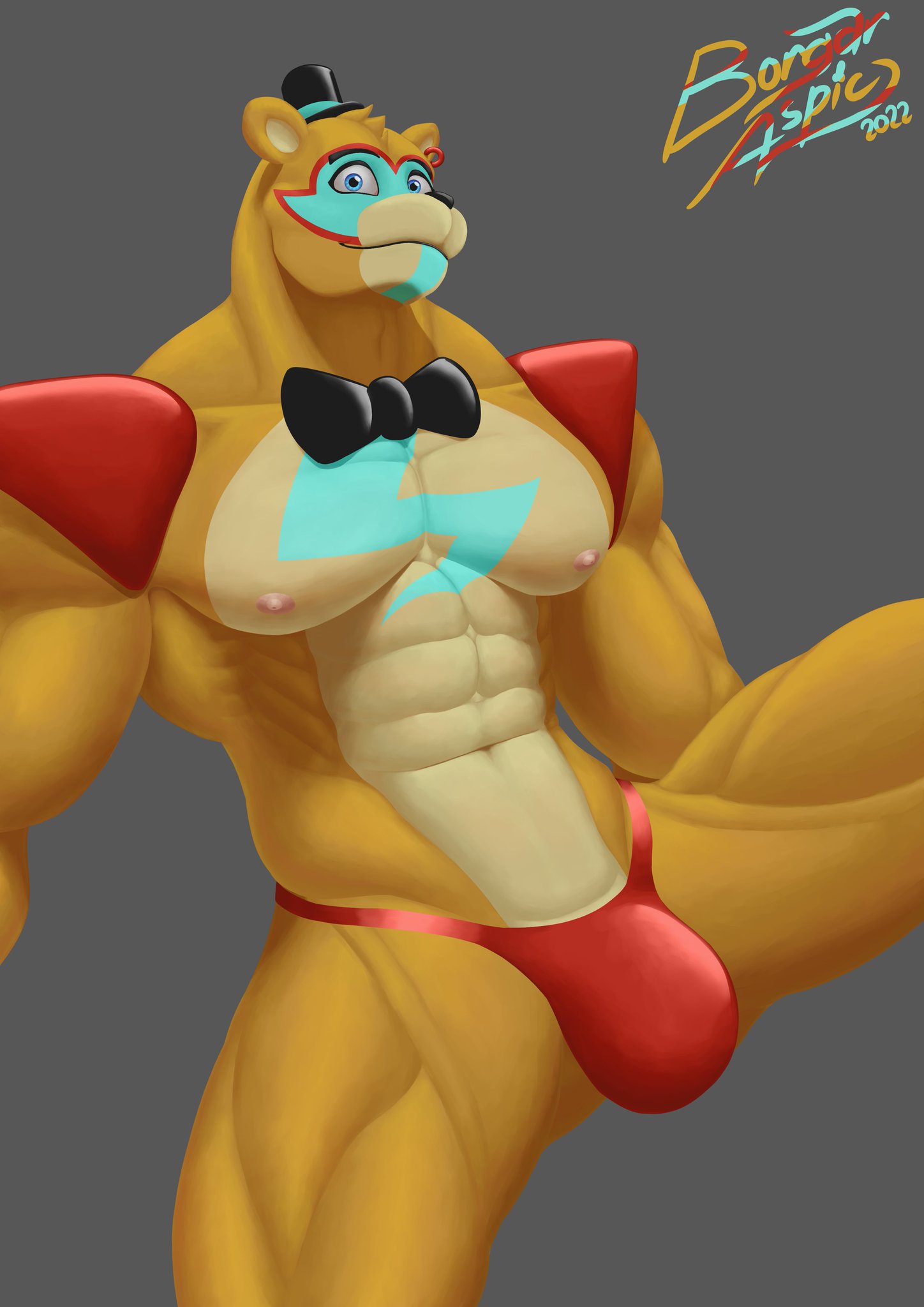 1boy 1male 2023 abs anthro anthro_focus anthro_only anthro_solo bear bodypaint borgaraspic bow_tie bowtie digital_drawing_(artwork) digital_media_(artwork) ear_piercing ear_ring facepaint five_nights_at_freddy's five_nights_at_freddy's:_security_breach glamrock_freddy_(fnaf) male male_anthro male_focus male_only mammal mammal_humanoid muscles muscular muscular_anthro muscular_male nipples partially_clothed partially_clothed_male pecs pectorals piercing scottgames smile smiley_face smiling solo solo_anthro solo_focus solo_in_panel solo_male steel_wool_studios thong thong_only top_hat ursid ursid_humanoid watermark