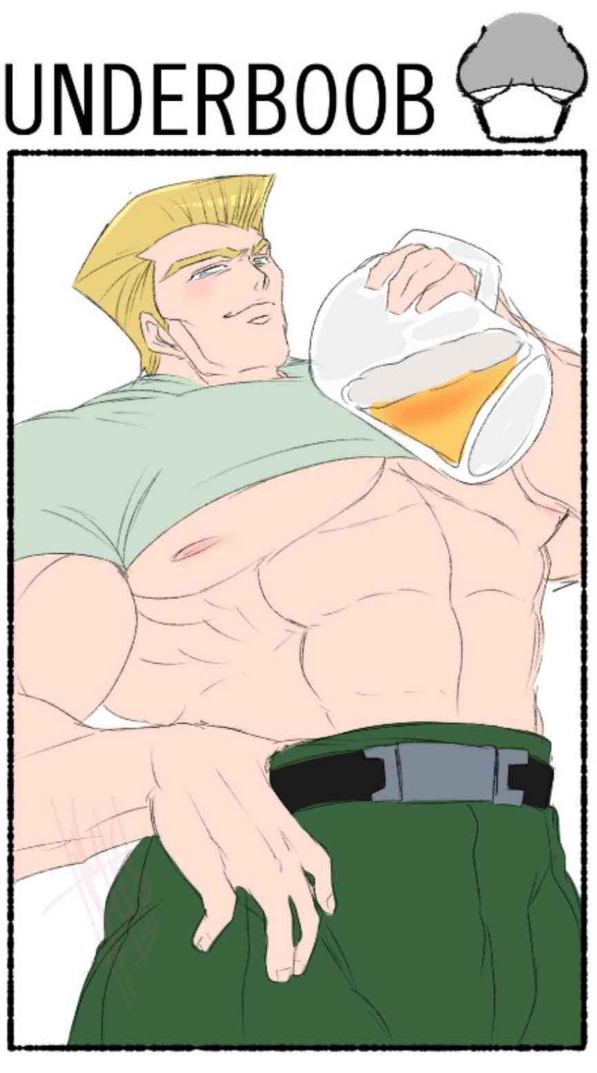 1male 1man bara bara_tiddies bara_tiddy bara_tits bara_titties belt blonde_hair english_text green_clothes green_pants jjba jojo's_bizarre_adventure jojo_no_kimyou_na_bouken max_the_egg max_the_egg_(artist) muscular muscular_male no_ai pale rudolph_von_stroheim shirt_cut_meme solo solo_focus solo_male uniform uniform_pants