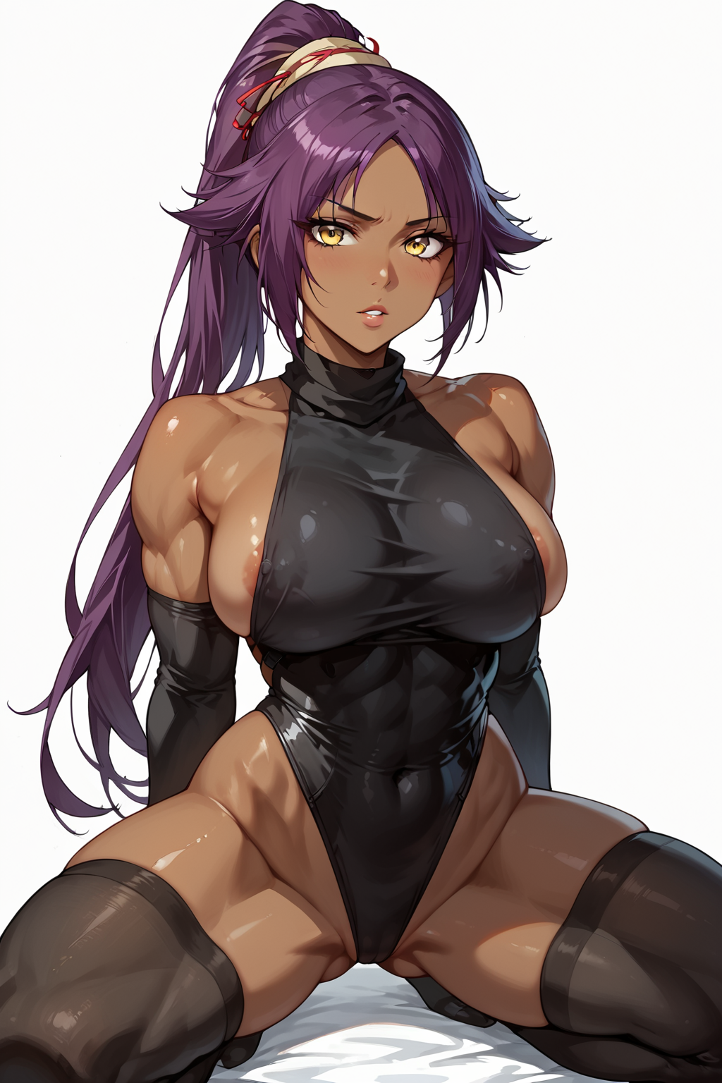 ai_generated bleach curvy gloves hand_behind_head hand_on_hip huge_breasts kiraaiart kneeling large_breasts nipples partially_visible_nipples ponytail pose purple_hair shihouin_yoruichi spread_legs thick_thighs thighhighs tight_clothing toned_female yellow_eyes