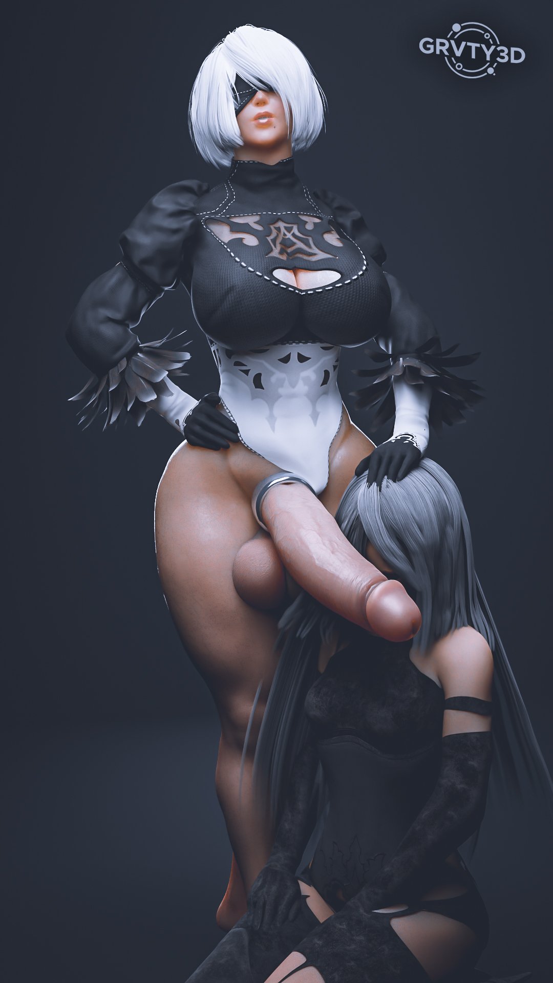 1futa 1girls 3d balls big_balls big_breasts blindfold breasts clothing cock_ring female futa_on_female futanari grvty3d huge_balls huge_breasts huge_cock light-skinned_female light-skinned_futanari light_skin long_hair nier nier:_automata penis short_hair sitting standing testicles thick_penis thick_thighs white_hair yorha_2b yorha_a2