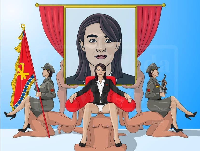 bare_legs dictator dominant_female faceless_male facesitting female_supremacy femdom flag human_furniture kim_yo-jong korean korean_female malesub military_uniform north_korea sitting_on_another sitting_on_face sitting_on_person uniform visible_underwear woman_in_suit worship