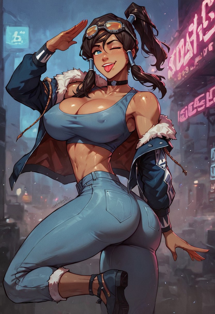 1girls ai_generated alternate_costume ass avatar_legends bulge choker civitai cleavage club face female fingers googles head jacket jeans korra salute seductive solo standing the_avatar the_legend_of_korra thick_thighs tight_clothing tongue_out water_tribe