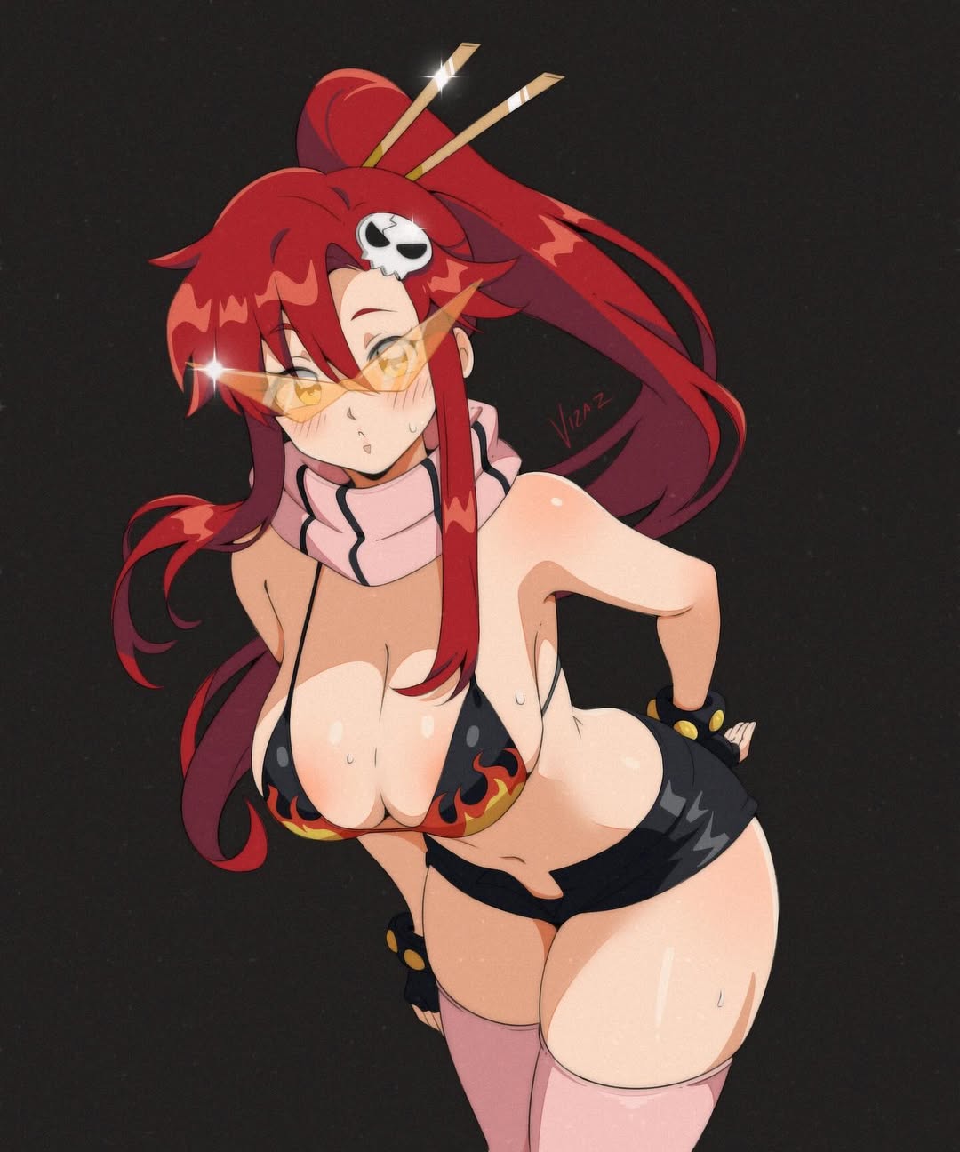 artist name, bare shoulders, bikini, bikini top only, black bikini, black gloves, black shorts, blush, breasts, commentary, cowboy shot, dark background, female, fingerless gloves, flame print, glint, gloves, hair ornament, hair stick, hand on own hip, highres, kamina shades, large breasts, leaning forward, long hair, looking at viewer, navel, orange-tinted eyewear, parted lips, pink scarf, pink thighhighs, ponytail, red hair, scarf, short shorts, shorts, sidelocks, simple background, skull hair ornament, solo, standing, swimsuit, tengen toppa gurren lagann, thighhighs, tinted eyewear, vizaz, yellow eyes, yoko littner