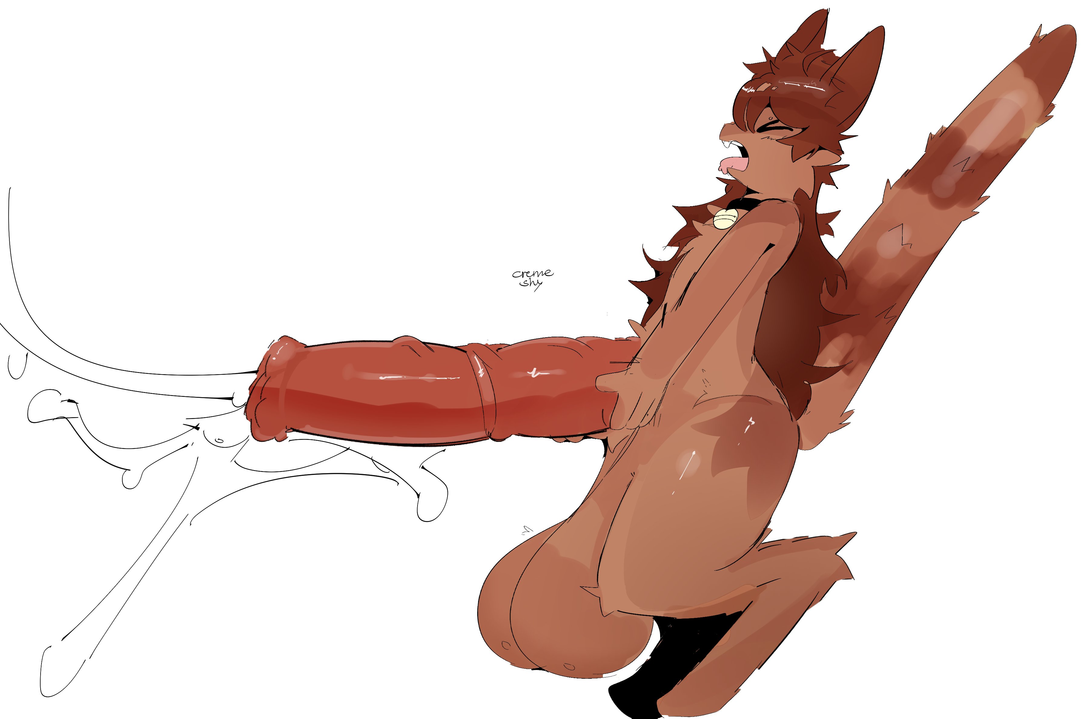 balls, bell collar, brown fur, cremeshy (artist), cum, furry, hyper balls, hyper penis, male, massive penis, masturbation, penis, solo male