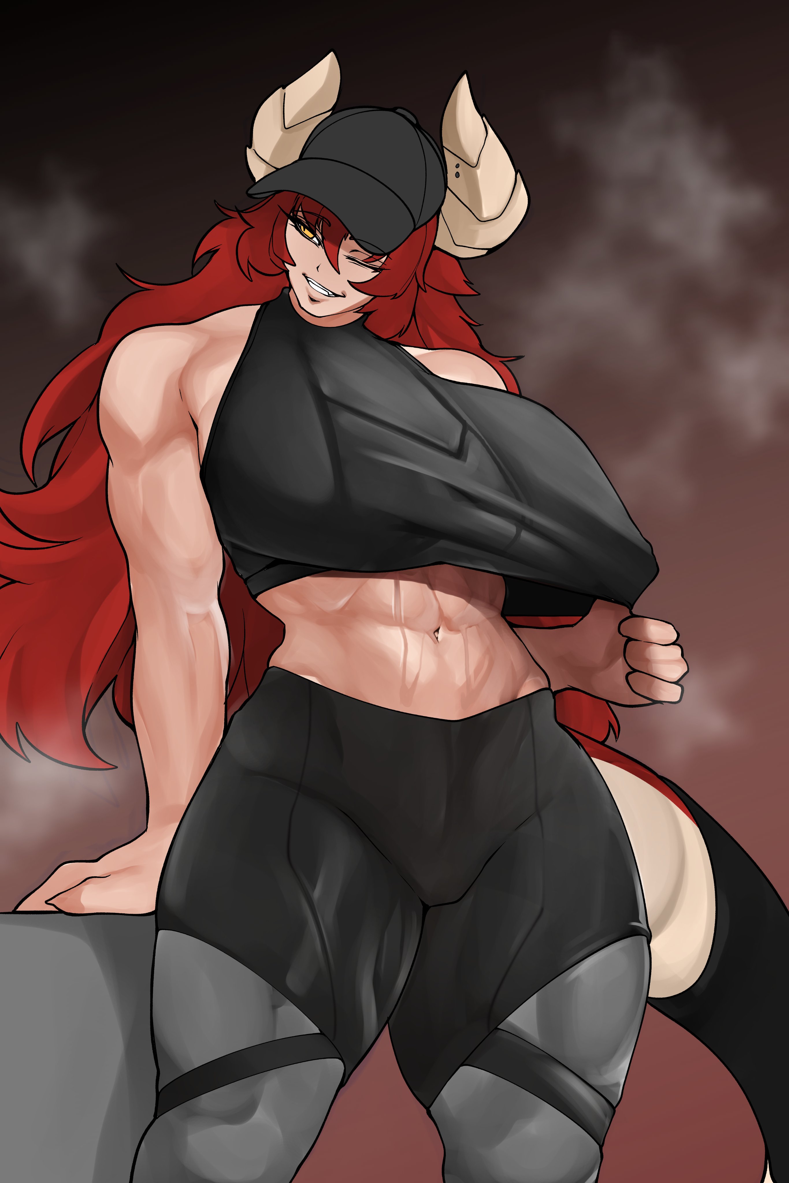 1girls, 2025, abs, absurd res, baseball cap, belly button, biceps, big breasts, breasts, brothbowl, busty, clothed, clothed female, clothes pull, clothing, curvaceous, curvy, feet out of frame, female, front view, fully clothed, grin, hair, hat, headwear, hi res, horn, horned humanoid, huge breasts, humanoid, large breasts, leggings, light skin, light-skinned female, long hair, looking away, muscular, muscular arms, muscular female, muscular legs, muscular thighs, musk, navel, one eye closed, quadriceps, red hair, skin tight, slit pupils, smile, smiling, solo, sports bra, sports bra pull, sportswear, standing, steam, stomach, sweat, sweatdrop, sweating, sweaty, sweaty body, tail, teeth, thick thighs, thighs, triceps, virtual youtuber, voluptuous, wide hips, wink, yellow eyes, zentreya