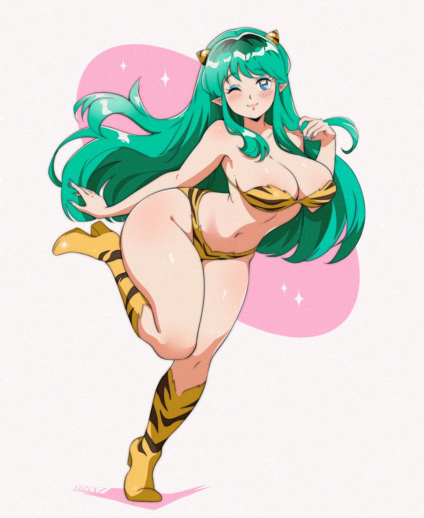 ;), animal print, aqua eyes, bare arms, bare shoulders, bikini, blue nails, blush, boots, breasts, closed mouth, commentary, female, full body, green hair, hand up, highres, horns, large breasts, looking at viewer, lum, navel, one eye closed, pink background, pointy ears, print bikini, print boots, smile, solo, sparkle, standing, standing on one leg, stomach, swimsuit, tiger print, two-tone background, urusei yatsura, vizaz, white background